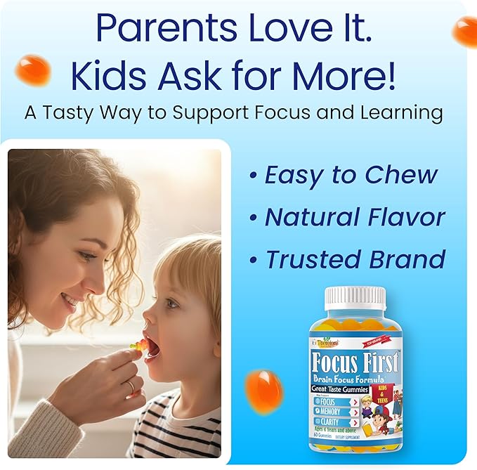Focus First Kids Focus and Attention Supplements Teen Vitamin Brain Support Focus Gummies For Teens Brain Supplements For Memory And Focus For Kids Vegan Non-GMO Fruity Flavor – 60 Gummies