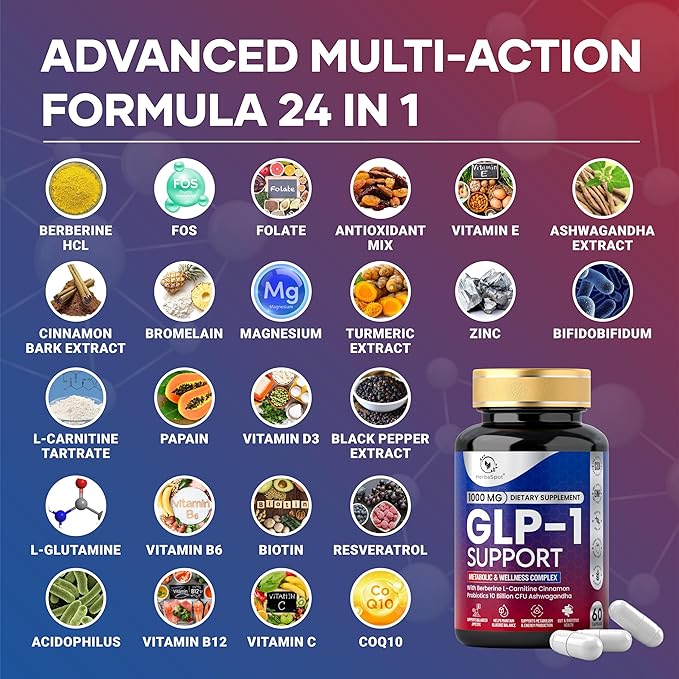GLP-1 Supplement 1000 mg with Berberine L-Carnitine Ashwagandha | Metabolism Support for Satiety &amp Craving Control | Probiotics 10 Billion CFU for Gut Health &amp Healthy Energy – 60 Capsules
