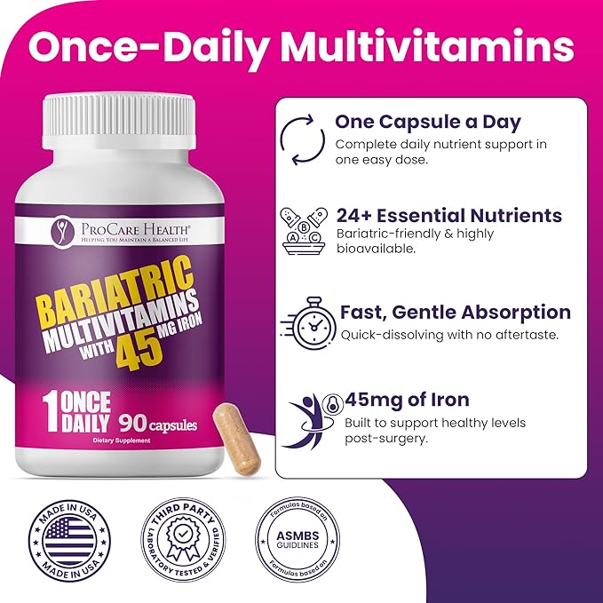 ProCare Health Bariatric Multivitamin 45mg Iron – Once Daily Capsule for Gastric Bypass Sleeve &amp Post-Op Support – 90 Easy-to-Swallow Capsules 3-Month Supply No Artificial Colors Gluten-Free