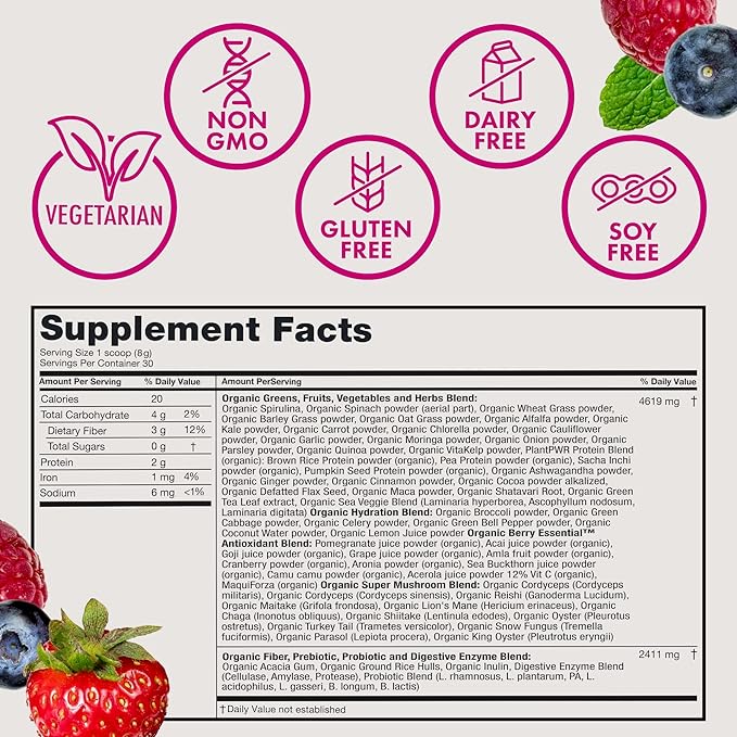 Zena Nutrition Organic Supergreens Greens Powder 70+ Superfoods Mixed Berry 30 Servings + Bovine Pure Colostrum Powder Supplement 1000mg Supports Immunity &amp Digestion Unflavored 30 Servings