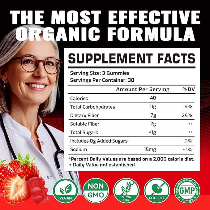 Prebiotic Fiber Gummies for Adults 7G Extra Strength Zero Sugar Added 90 Pectin Based Gummies Digestive Health &amp Regularity Support-Strawberry-2PACK
