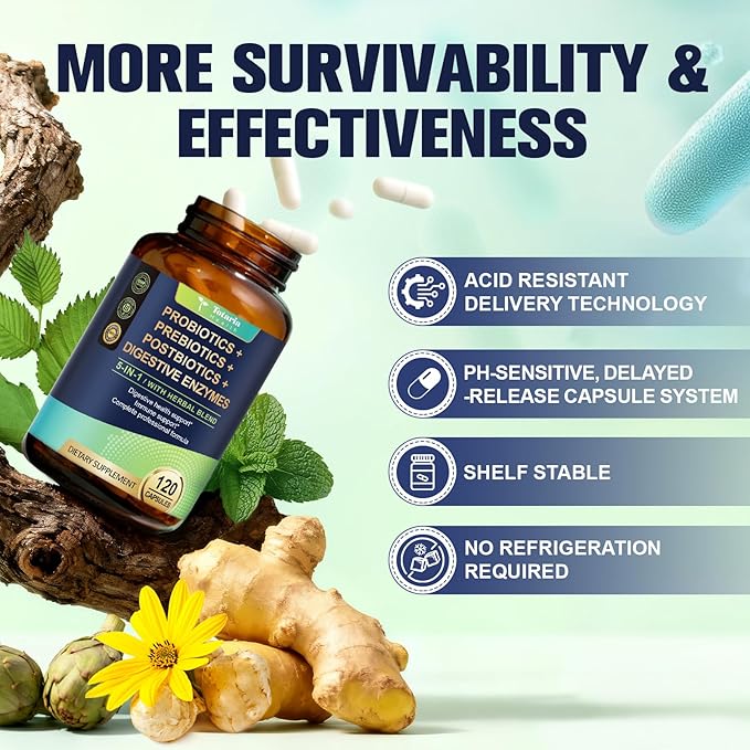 Totaria 5-in-1 60 Billion CFU Probiotic Prebiotic &amp Postbiotic for Women &amp Men w/Digestive Enzymes Slippery Elm Daily Complete Gut Health Digestive &amp Immune Support 4 Month Supply Ve