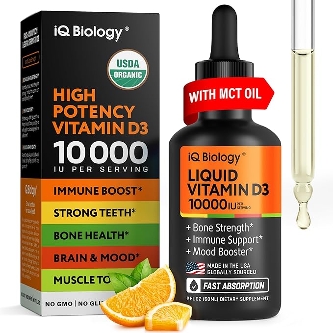 Liquid Vitamin D3 10000 IU (250 mcg) - USDA Organic Vitamin D Drops for Adults &amp Kids - 100-Day Supply - Vit D3 with MCT Oil for Better Absortion - Bone &amp Immunity Support Dental Health* Mad
