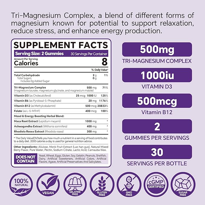 Magnesium Gummies 500mg 400mg | High Absorption Bone Nerves Muscle | 3 Forms of Magnesium Complex Supplement GlycinateTaurateMalate | Adults - VeganSugar Free120Cts
