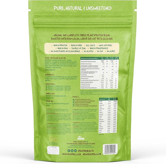 BodyMe Organic Vegan Protein Powder Blend | Raw Cacao | 2.2lb 1kg | UNSWEETENED with 3 Plant Proteins