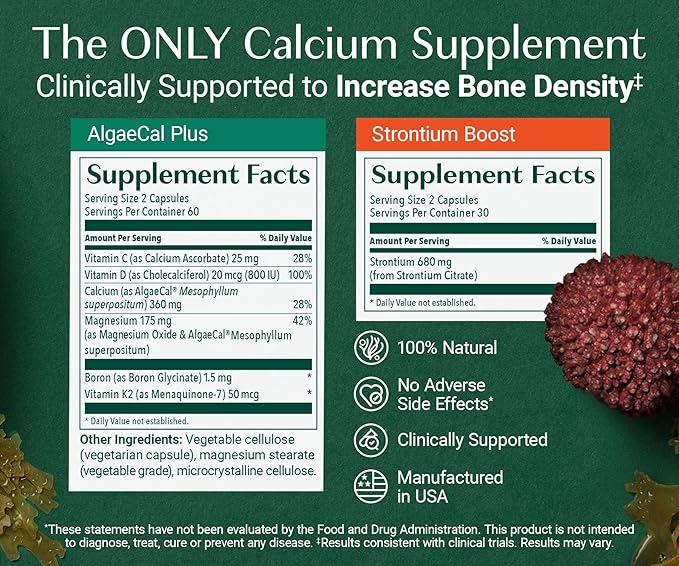 ALGAECAL - Bone Builder Pack for Bone Density Plant Based Calcium Supplements &amp Strontium Vitamins K2 D3 Magnesium &amp 16 Minerals 3-Month Supply + Free Magnesium Relax™ (60 Caps)
