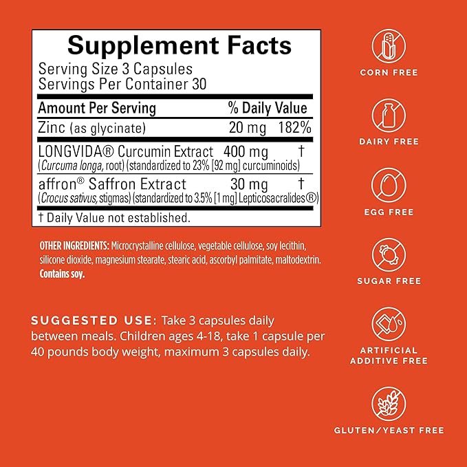 BRAINMD Dr Amen Happy Saffron Plus - 90 Capsules - with Saffron Flower Extract Curcumin &amp Zinc - Vegan Gluten Free - 30 Servings