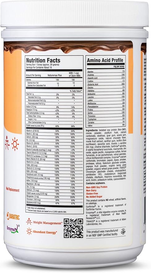 Maxi-Health NatureMAX Plus Energy Support Drink Soy Protein Powder - Sugar Free Diet Supplement - 20g Protein Per Serving - Natural Chocolate Flavor - Kosher Vitamin - 1lb