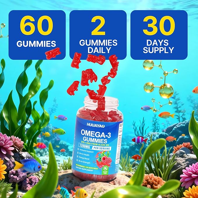 Vegan Omega-3 Gummies 1028mg Omega 3 Fish Oil Alternative for Adults w/EPA 400mg &amp DHA 600mg &amp Vitamin A C E for Brain Eye &amp Immune Health Sugar Free Raspberry Flavor 120 Count