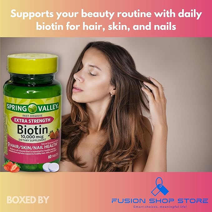 Biotin 10000mcg Fast Dissolve- Natural Strawberry Flavor Hair Skin and Nails 60 Tablets (Pack of 2) Boxed By Fusion Shop Store
