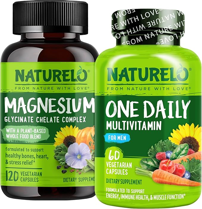 NATURELO One Daily Multivitamin for Men with Vitamins Minerals &amp Organic Whole Foods - 60 Capsules and Magnesium Glycinate Chelate Complex - 120 Capsules Bundle