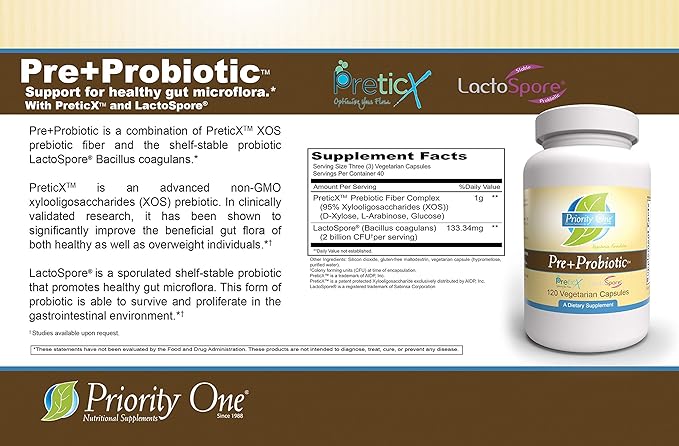 Priority One Vitamins Pre+Probiotic 120 Vegetarian Capsules - Support for Healthy Gut Microflora* Clinical Strength