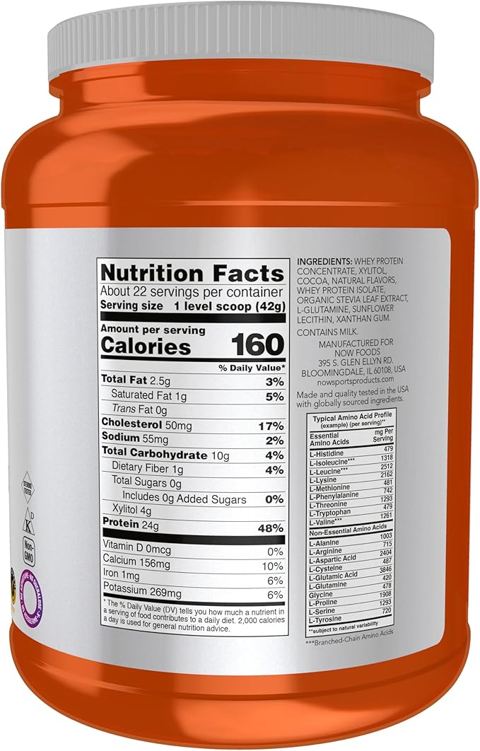 NOW Foods Sports Nutrition Whey Protein 24 G With BCAAs Creamy Chocolate Powder 2-Pound