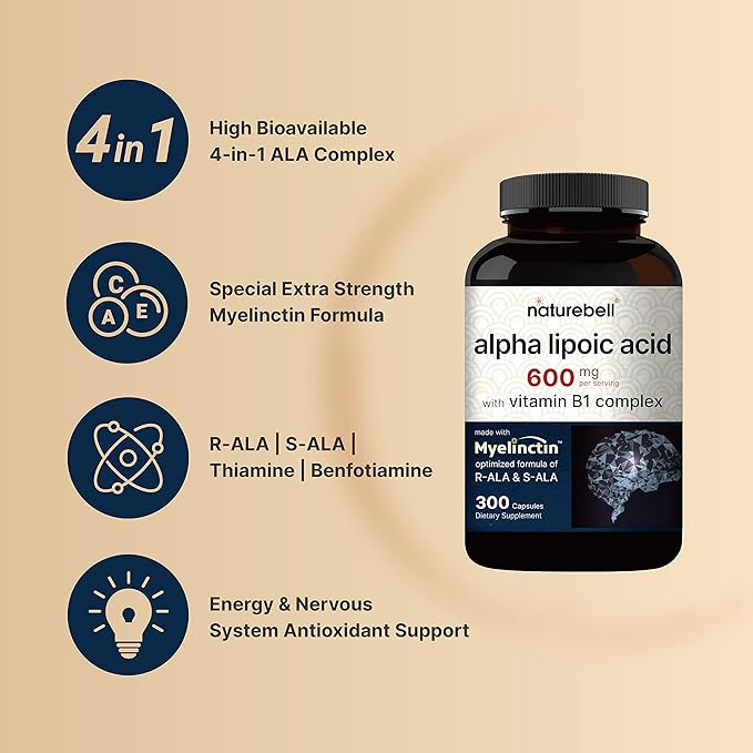 NatureBell Alpha Lipoic Acid Complex 600mg 300 Capsules | 4-in-1 Myelinctin Formula with R-ALA S-ALA Thiamine &amp Benfotiamine | High Absorption &amp Antioxidant Support | Non-GMO Gluten-Free