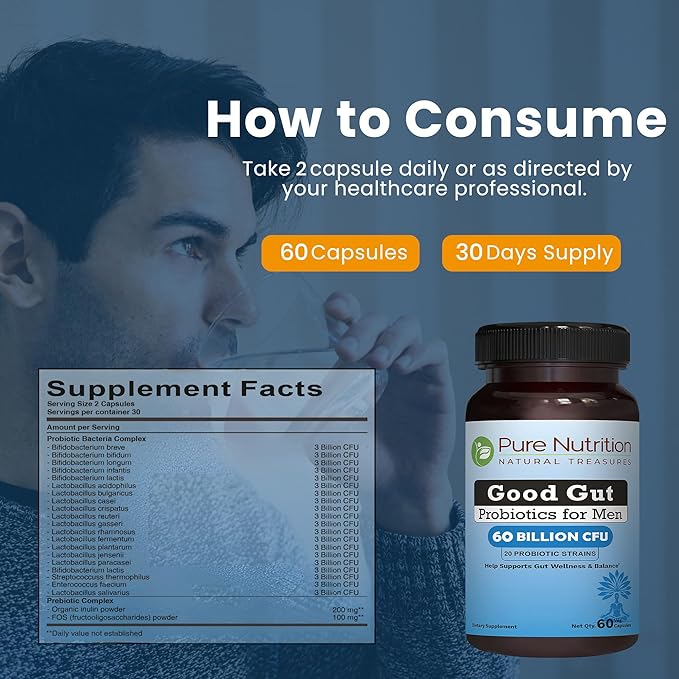 Pure Nutrition Good Gut Men's Probiotics 60 Billion CFU 20 Strains | 60 Caps | Probiotics for Men with Organic Prebiotic Blend | Once Daily | Non GMO | Gluten Free