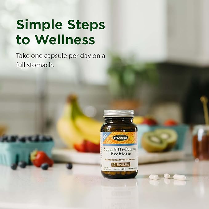 Flora - Super 8 Hi-Potency Probiotic - Daily Probiotic for Gut &amp Digestive Health - 42 Billion CFU - Contains Lactobacillus &amp Bifidobacterium Strains - Keep Chilled - 60 Capsules