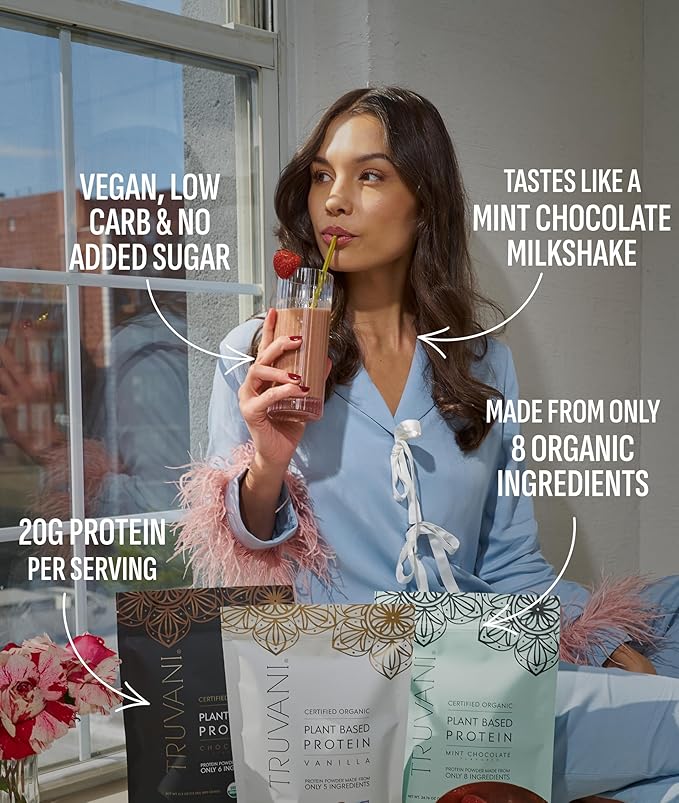 Truvani Vegan Pea Protein Powder | Mint Chocolate | 20g Organic Plant Based Protein Per Serving | 20 Servings | Keto | Gluten &amp Dairy Free | Low Carb | No Added Sugar