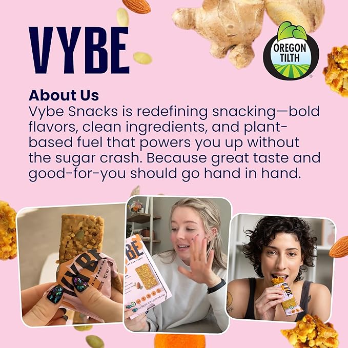 Vybe Snacks Savory Nutrition Bars Turmeric Ginger Flavor | Plant Based Vegan Zero Added Sugar Gluten Free Keto Friendly No Artificial Ingredients Organic 8-9 gm Protein &amp Gut Friendly Fiber