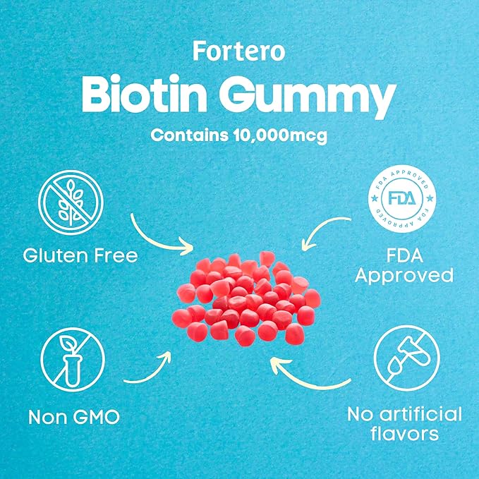 Fortero Biotin Vegan Gummies 10000mcg for Thicker Fuller Hair – Biotin Vitamin A &amp D Folic Acid – Support Healthy Hair Skin and Nail - Non-GMO – Gluten-Free – Gelatin Free (1 Pack)　 (2 Pack)