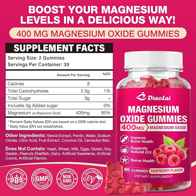 Magnesium Oxide Gummies 400mg for Nerve &amp Muscle Support - Chewable Supplement for Adults &amp Kids Sugar-Free Non-GMO Raspberry Flavor 120 Count