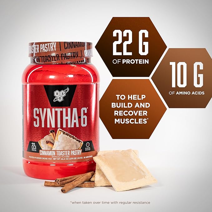 BSN SYNTHA-6 Premium Protein Powder with 6g of Fiber Whey Isolate Micellar Casein Milk Protein Isolate 5g of Fat Cinnamon Toaster Pastry 28 Servings 2.91 Pound (Packaging May Vary)