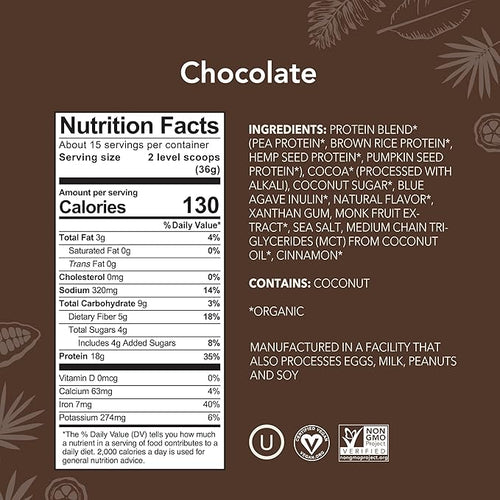 ALOHA Organic Plant Based Protein Powder Stevia Free Chocolate 19.6 oz 15 Servings