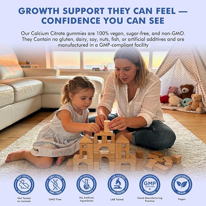 Kids Calcium Citrate Gummies with Vitamin D3 Supplement Calcium Citrate 300/600 mg with Magnesium Zinc &amp Multivitamin for Kids 4+ &amp Teens Support Bone Muscle &amp Digestive Health Sugar Fr