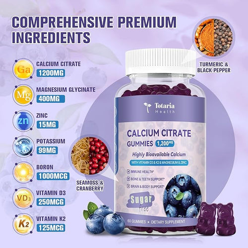 2 Pack Calcium Citrate Gummies 1200 mg - Calcium Supplements for Women with Vitamin D3 &amp K2MagnesiumZinc - Sugar Free Calcium Gummies for Bone &amp Teeth &amp Immune Support- Blueberry Flavor