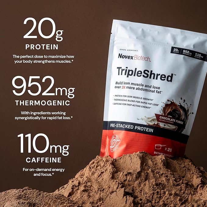 Novex Biotech TripleShred Protein - Pre-Stacked Protein - Increase Energy and Focus - Build Muscle - Chocolate Fudge 20 svgs (Pack of 2)