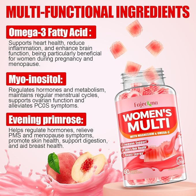 Women’s Multivitamin Chewable Gummies: Sugar Free Natural Vegan Vitamins Supplement Plus D3 K2 B9 B12 Biotin Iron Zinc Omega - Daily Energy Hair Immune Health Support for Work Women(60Count)