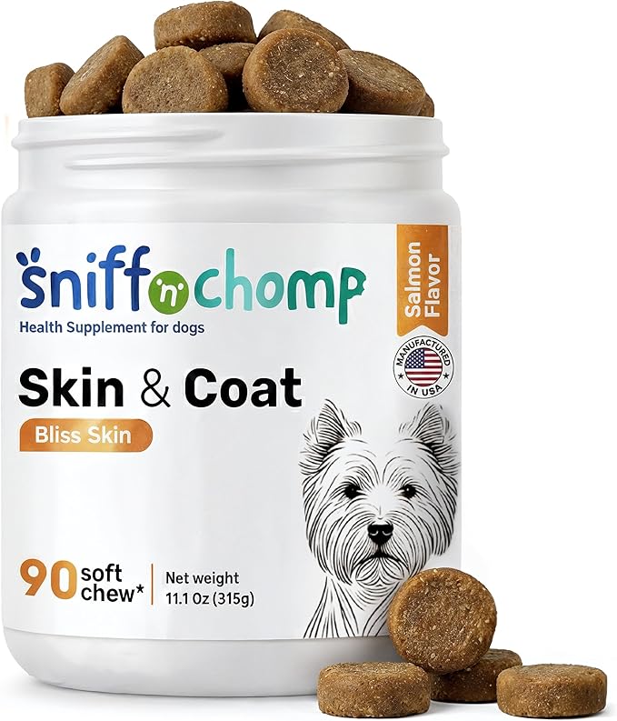 SNIFF N CHOMP Omega 3 for Dogs Chews Skin and Coat Supplement for Dogs Omega 6 Fish Oil Formula Itchy Dry Skin Relief Healthy Coat Shine Support All Breeds | 90 Soft Chews