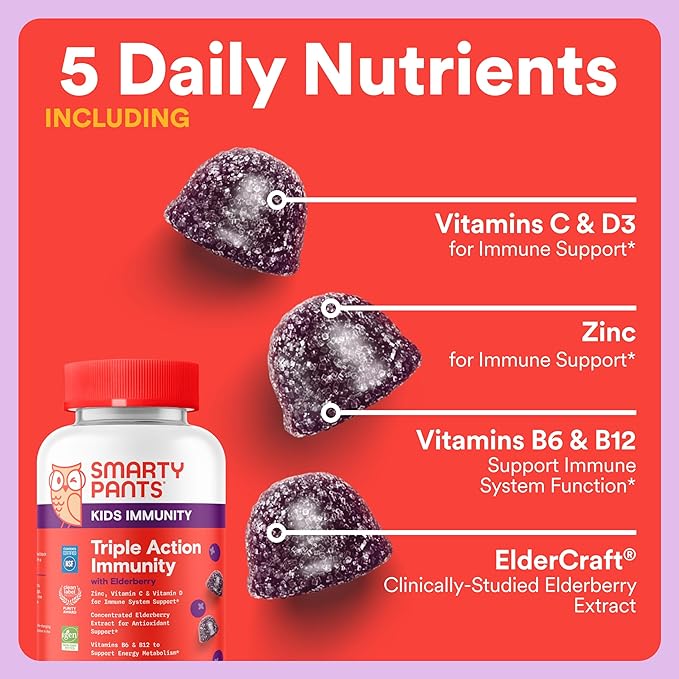 SmartyPants Kids Digestive &amp Immune Support Bundle: Fiber &amp Veggies + Elderberry Gummies with Prebiotic Fiber Vitamins C D3 B12 &amp Zinc – Gluten Free Non-GMO 60 Count Each (Pack of 2)