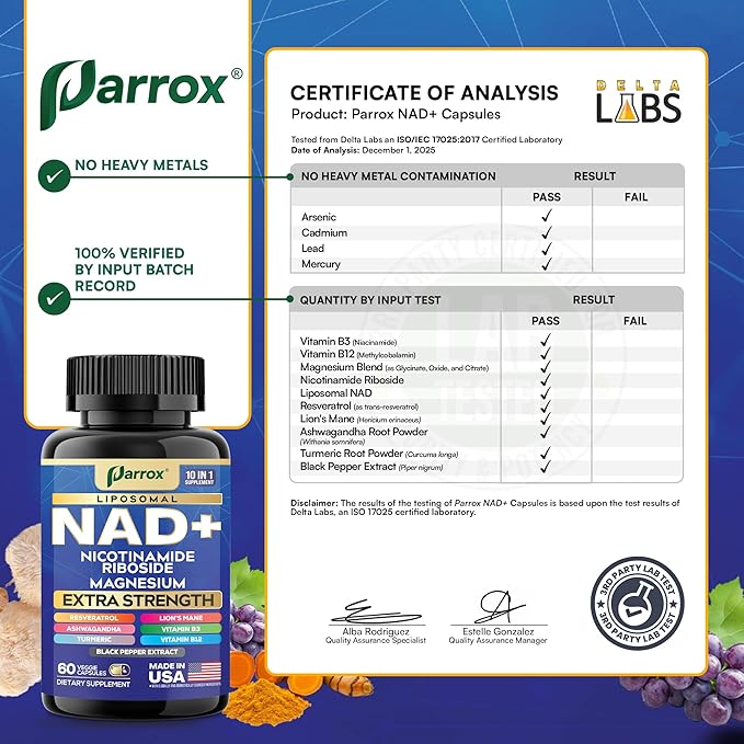 NAD+ Supplement with Liposomal NAD+ Nicotinamide Riboside Magnesium Vitamin B3 &amp B12 Resveratrol Turmeric Ashwagandha Lion’s Mane10-in-1 Extra Strength (2 Pack)