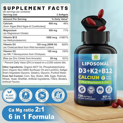 6-in-1 Liposomal Vitamin D3 K2 Calcium Supplement - Plant Based Calcium 600mg with Vegan Vitamin D3 5000 iu + Vitamin K K2 MK7 + B12 Algae Ca-lcium Magnesium Zinc for Bone Softgels 2 Pack