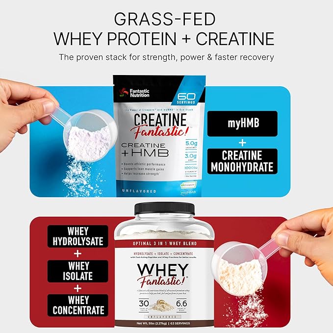 Whey Protein Powder Unflavored 5lb + German Creatine + HMB – 30g Grass-Fed Protein + 5g Creapure Micronized Creatine – myHMB Non-GMO Clean Unflavored – Bundle
