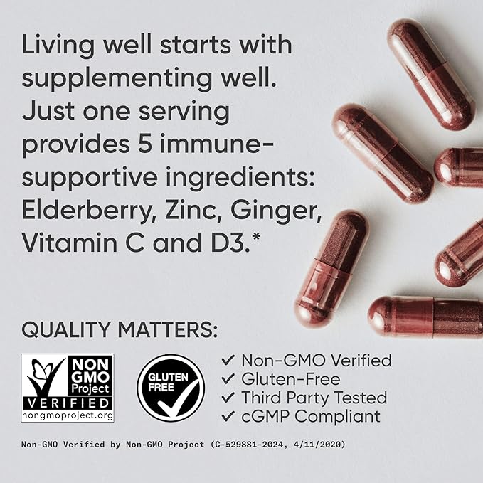 Sports Research® Daily Immune Support Elderberry with Zinc Vitamin C Ginger &amp Vitamin D3 5000iu - Gluten Free · Non-GMO Verified · Soy Free - 60 Veggie Capsules