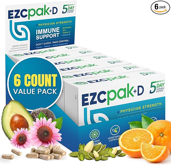 EZC Pak 5-Day Immune System Booster with Echinacea Vitamin C Zinc &amp Vitamin D - Tapered Immune Support Supplement for Adults - Supports Immunity Easy Travel-Size Supplement Pack - (Pack of 6)
