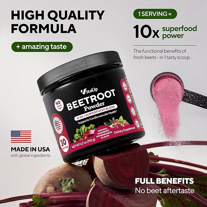 Beet Root Powder 8 in 1 – USA Made Beets Powder Supplements with Grape Seed Hawthorn Coq10 – with Organic Beetroot for Energy &amp Circulation Support – Non-GMO Mixed Berry Flavor 30 Serving
