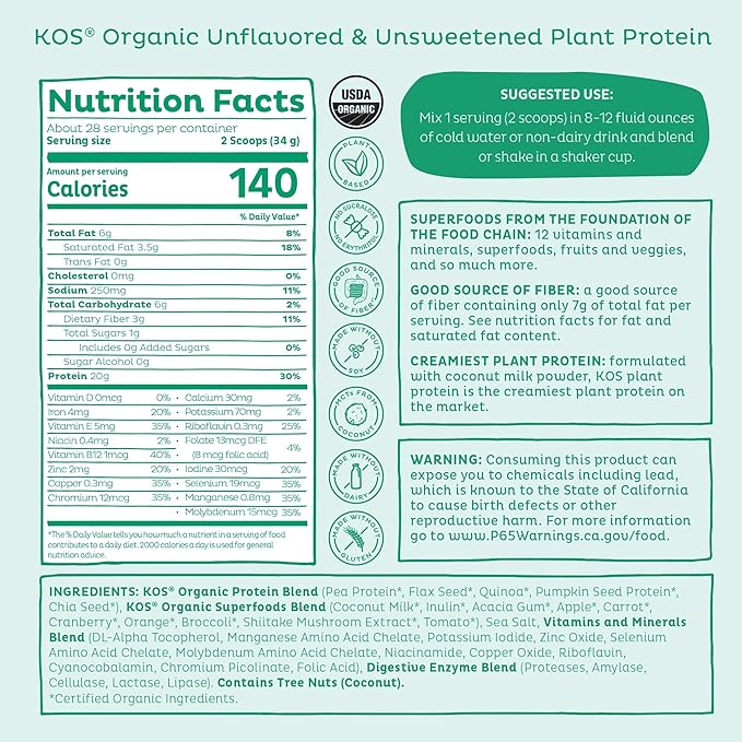 KOS Vegan Protein Powder Unflavored &amp Unsweetened - Low Carb Pea Protein Blend Organic Superfood Rich in Vitamins &amp Minerals - Keto Soy Dairy Free - Meal Replacement for Women &amp Men -