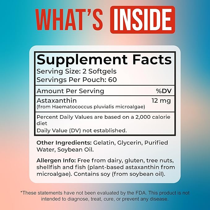 Astaxanthin 12mg Supplement - 120 Softgels Fresh Microalgae Source Non-GMO &amp Gluten-Free Antioxidant Eye Skin and Wellness Support