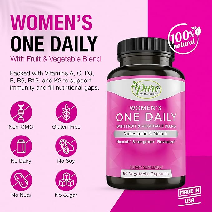 Pure By Nature One Daily Multivitamin for Women &amp Men Bundle Pack Multi Vitamins and Minerals Supplement for Immune Support with Vitamin B12 Gluten-Free &amp Non-GMO Each with 60 Veggie Capsule