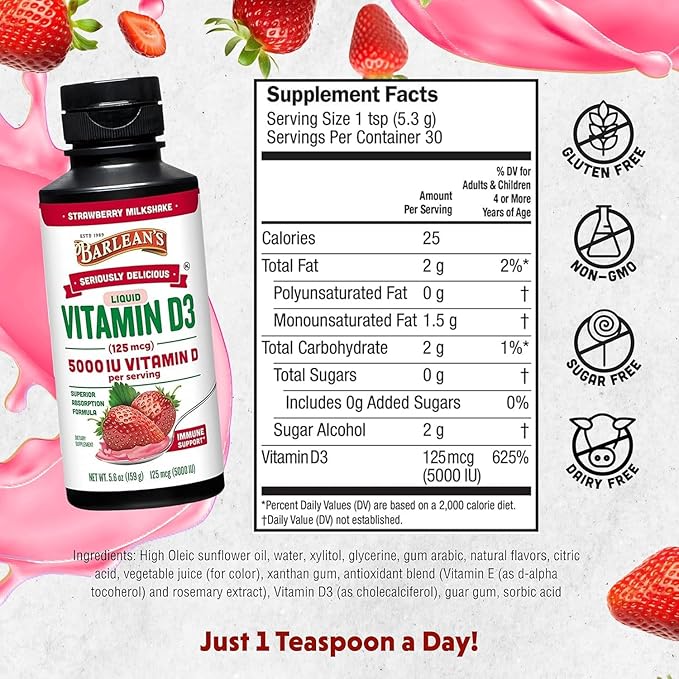 Barlean's Pack of 2 Vitamin D3 Liquid Supplement for Kids and Adults 5000 IU Vitamin D Strawberry Milkshake Non-GMO Gluten and Dairy Free 5.6 oz Each