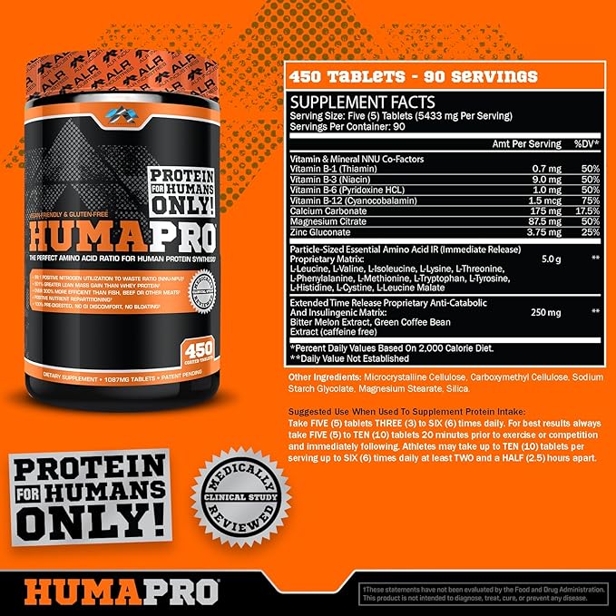 Humapro Tablets | Amino Acids Protein Matrix for Humans | 99% Utilization for Lean Muscle | Vegan Gluten Free | 450 Tablets / 90 Servings
