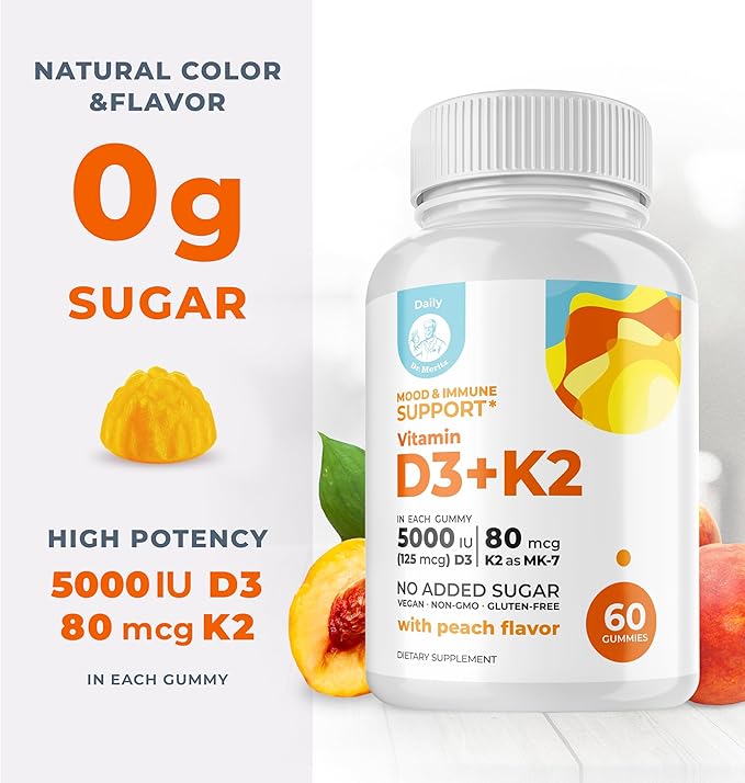 DR. MORITZ Vitamin D3 Gummies (5000 IU) with K2 - for Adults and Kids - Vitamin D3 K2 Gummies for Immune Support &amp Bone Health - Vegan Sugar Free Gluten Free (120 Count)
