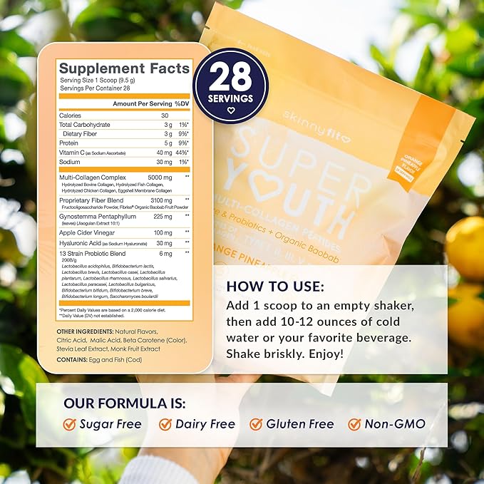 SkinnyFit - Super Youth Collagen for Women - Multi Collagen Peptides Powder - Probiotics Fiber Hyaluronic Acid - Non GMO Gluten Free Sugar Free - Beauty - Orange Pineapple (28 Servings)