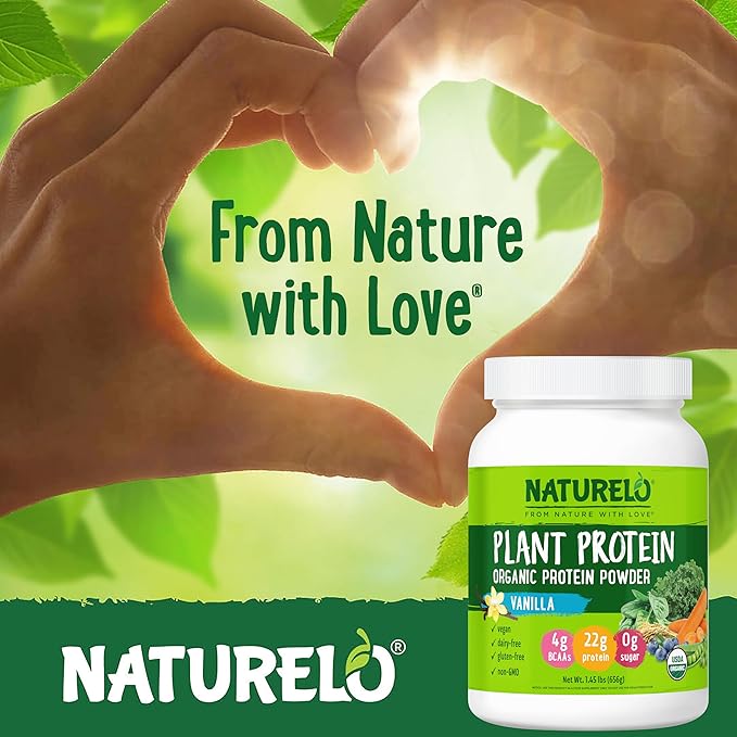 NATURELO Plant Protein Powder Vanilla 22g Protein - Non-GMO Vegan No Gluten Dairy or Soy - No Artificial Flavors Synthetic Coloring Preservatives or Additives - 20 Servings
