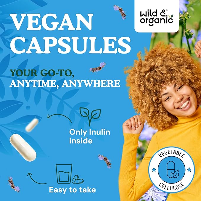 Wild &amp Organic Inulin Capsules 1400 mg - Digestive &amp Gut Support - Chicory Root Inulin Powder Supplement with Prebiotic Fiber - Vegan No Fillers Non-GMO - 90 Count