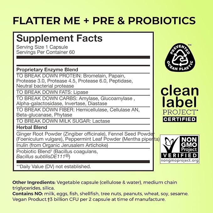 HUM Flatter Me Digestive Enzymes Plus Prebiotics &amp Probiotics Digestive Health Bloating Supplement for Women &amp Men Fast Acting Anti Bloat Pills Multi Enzyme for Debloating Vegan 60 Capsule