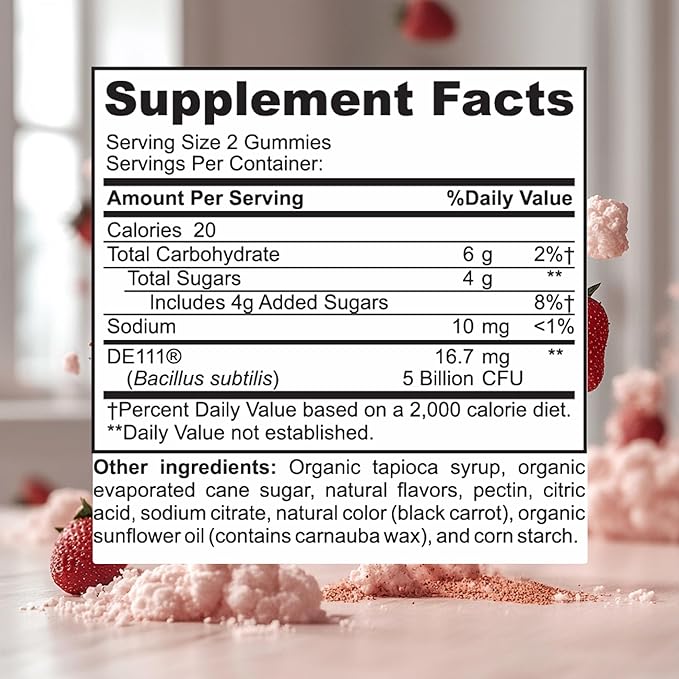 Organic Probiotics Gummies | 5 Billion CFU Probiotics for Digestive Health &amp Immune Support | DE111 Bacillus Subtilis | Strawberry | Non-GMO | 30 Ct.