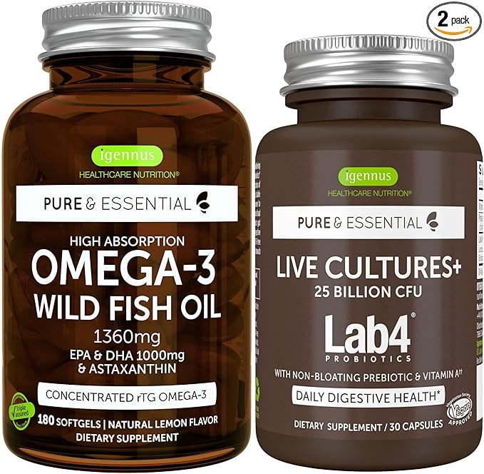 Pure &amp Essential High Absorption Omega-3 Wild Fish Oil 1360mg + Live Cultures+ Lab4 Probiotics Bundle 1000mg EPA &amp DHA with Astaxanthin + 25 Billion CFU Lactobacillus Acidophilus &amp Bifido